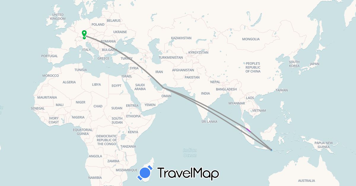 TravelMap itinerary: driving, bus, plane, train, boat in United Arab Emirates, Austria, Germany, Indonesia (Asia, Europe)